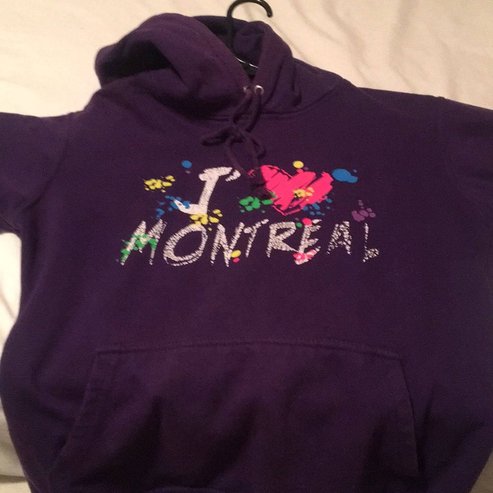 Purple “I ❤️ Montreal” hoodie. Shattered printing